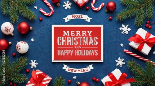 Wallpaper Mural Festive Christmas holiday background with decorations, ornaments, gifts, and fir branches on a blue table Torontodigital.ca