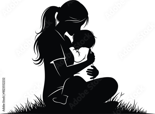 Silhouette of mother sitting on grass hugging baby, tender mom and child love concept, black vector illustration isolated