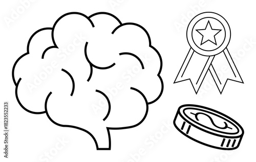 Brain outlines intelligence, medal symbolizes achievement, and coin hints at financial success. Ideal for innovation, success, creativity, reward, education finance motivation. Clean and simple