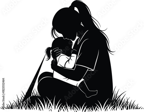 Silhouette of mother sitting on grass hugging her child, tender mom and baby love concept, black vector illustration isolated on white