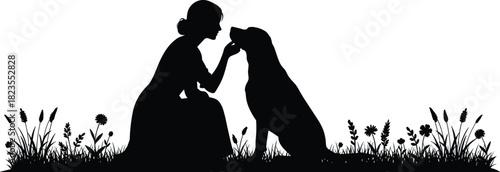 Silhouette of woman kneeling and petting dog in grass field with flowers, female owner loving pet, vector illustration