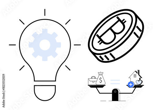 Cryptocurrency highlighted by Bitcoin symbols, financial balance scales, and a lightbulb innovation. Cryptocurrency innovation and investment ideas for fintech, blockchain, and finance. Great