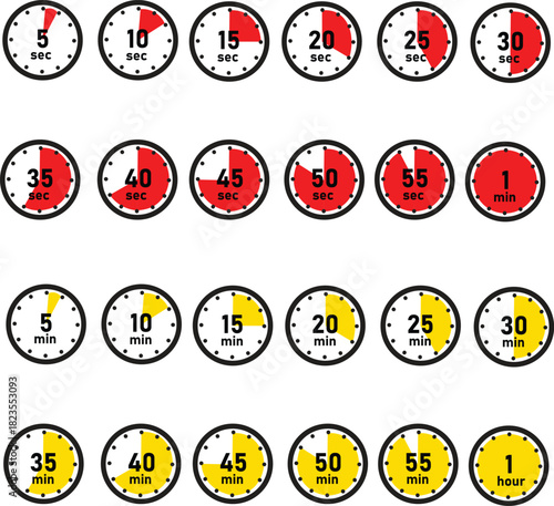 Circular Timer and Clock Icons Set - Time Intervals from 5 Seconds to 1 Hour