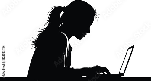 Silhouette of young woman working on laptop, female freelancer or student typing at desk, black vector illustration isolated on white