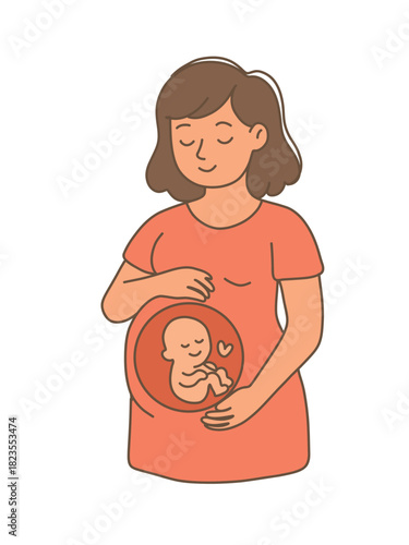 joyful pregnant woman touching baby bump gently