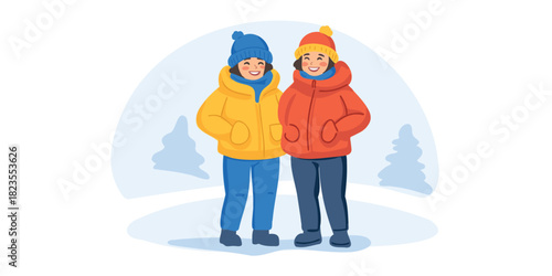 young girls enjoying snow in colorful jackets –