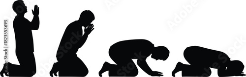 Silhouette sequence of man praying, Islamic namaz steps, kneeling and prostrating worship, religious vector illustration isolated on white