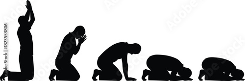 Silhouette sequence of Muslim man praying, Islamic Namaz steps, kneeling and prostrating worship, religious vector illustration isolated on white background