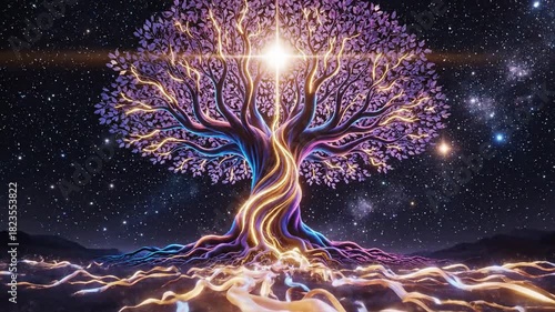 Cosmic tree of life illustrative digital artwork against a starry night sky