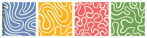 Hand drawn ornaments of waves wiggling, stripes, twisted lines, fluid groovy hippie pattern background.