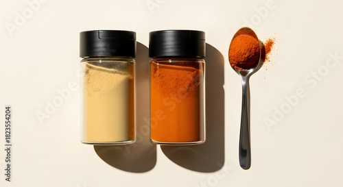 Luxury top-down product photography of two transparent spice jars with sleek black lids placed side by side on a matte cream surface. The left jar displays soft pale-yellow powder, and the right jar 