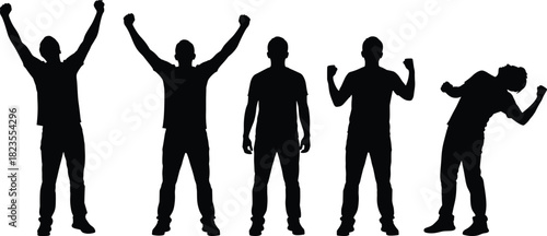 Silhouettes of men celebrating success, male figures raising hands, victory poses, happy people standing, champion concept, black vector illustration