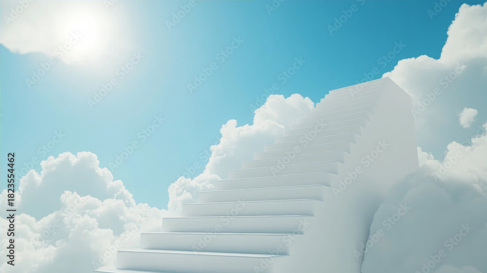 Naklejka premium White stairs leading up to white clouds in blue sky concept of success and dreams