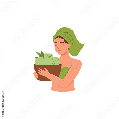 Serene spa day woman holding fresh towels with calming herbs for wellness relaxation at home retreat