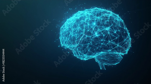 Blue glowing polygon brain mesh representing artificial intelligence and science