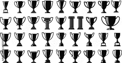 Trophy cup silhouette vector set, winner award collection, championship prize icons, sport competition symbols, first place achievement, black shapes