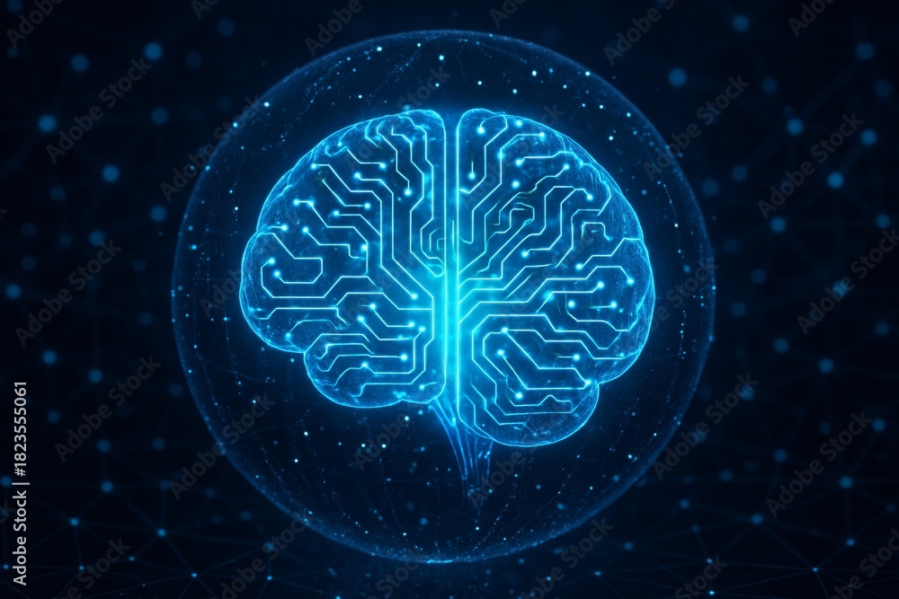 Fototapeta premium Glowing digital brain with circuit pattern symbolizing artificial intelligence technology in futuristic style on dark background concept visualization. Ai generative