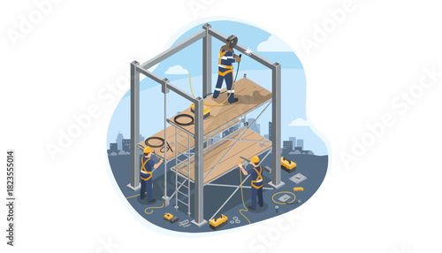 Illustration of a construction worker building a scaffold structure with wooden planks and metal frame against a city skyline background.