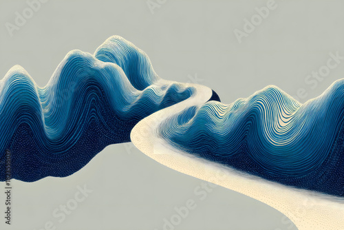 Abstract Mountain Landscape with Blue Wave Patterns for Modern Art Prints