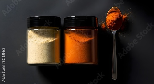 A luxurious top-down product composition featuring two clear spice jars with matte black lids arranged neatly on a deep matte-black textured surface. The left jar holds a pale yellow fine powder, and 