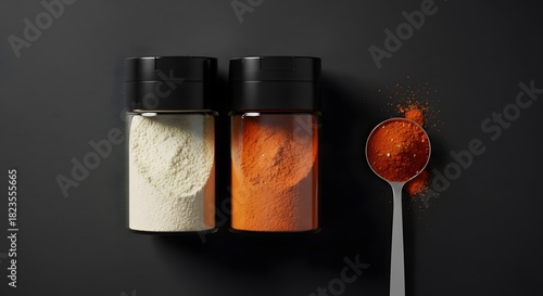A refined top-down product image showcasing two transparent spice jars with sleek black lids placed side by side on a smooth dark slate background. The left jar contains a soft light-yellow powder, wh