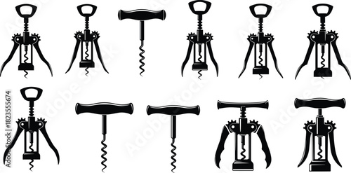 Wine corkscrew silhouette vector set, bottle opener collection, kitchen bar tools, sommelier equipment icons, isolated black opener shapes