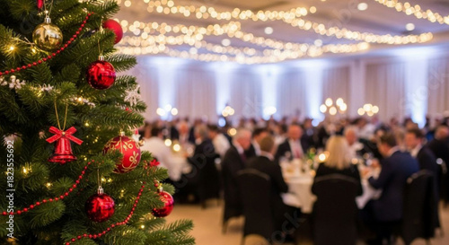 A decorated christmas tree, ornaments, professional business people office meeting, colleagues, conference room - teamwork, discussion, collaboration, seminar, dinner party, corporate social event