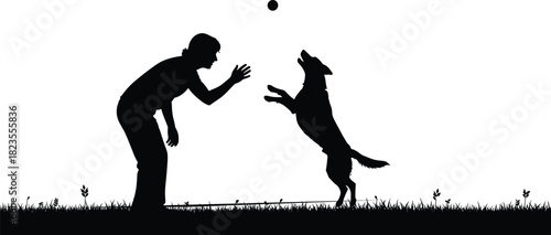 Woman playing fetch with dog silhouette, pet jumping for ball in park, active outdoor lifestyle vector illustration, animal friendship