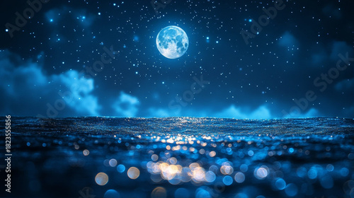 Fototapeta Naklejka Na Ścianę i Meble -  Full moon over dark blue ocean with starry night sky background