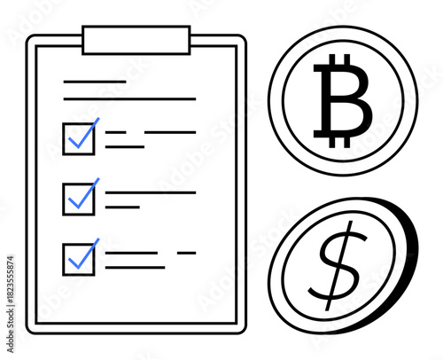 Checklist with marked tasks alongside Bitcoin and dollar coin icons. Ideal for cryptocurrency, finance, business planning, investment, digital economy, goal tracking, blockchain. Simple flat metaphor