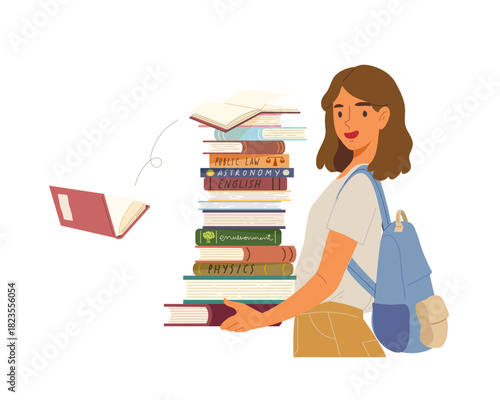 Woman holding huge pile of books isolated on white background. Concept of studying, learning, school, reading, knowledge, library, book lover, education, student. Flat vector illustration character.