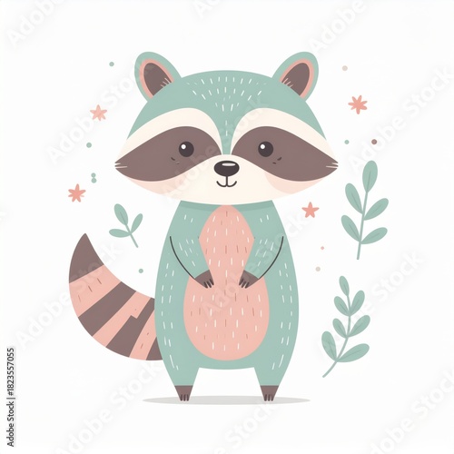 cartoon raccoon, minimalist flat hand-drawn lines, muted pastel colors, kids illustration style, white background