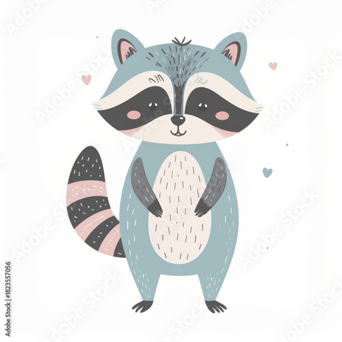 cartoon raccoon, minimalist flat hand-drawn lines, muted pastel colors, kids illustration style, white background