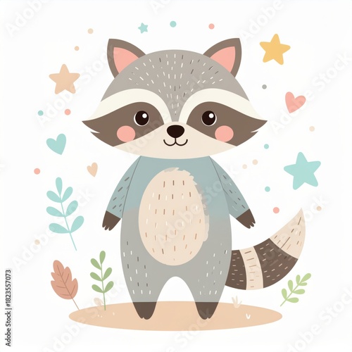 cartoon raccoon, minimalist flat hand-drawn lines, muted pastel colors, kids illustration style, white background