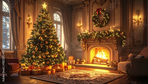 Wallpaper Mural Christmas tree and fireplace in a cozy home living room with holiday decorations and lights Torontodigital.ca