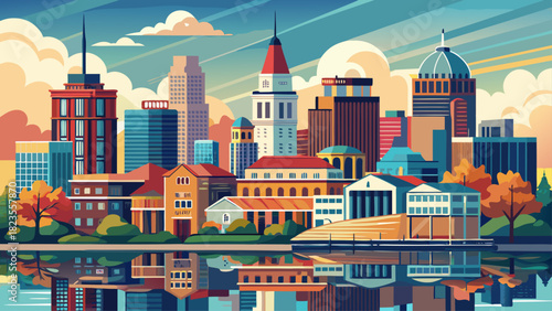 Very beautiful Erie, Pennsylvania downtown city skyline featuring modern and historic buildings, a calm waterfront atmosphere, and a clear, balanced composition ideal for stock-friendly artwork or 