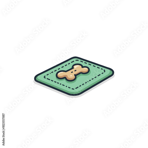 Whimsical dog bone on a square shaped mint colored pet bed symbolizing canine comfort and playful