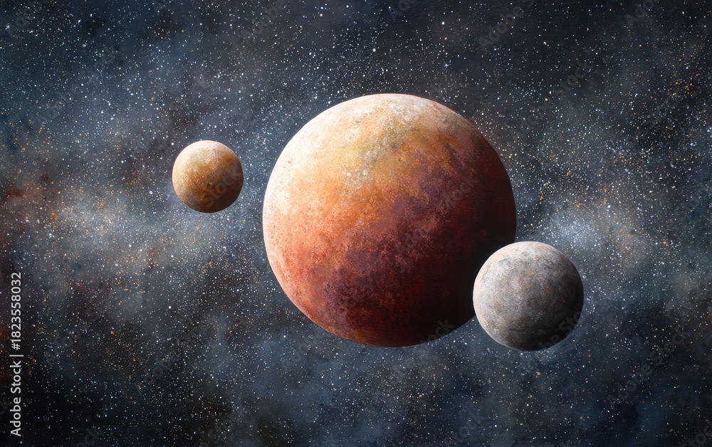 Fototapeta premium Planets In Outer Space With Stars And Nebula Background; Orange; Gray; Brown Planets For Science Fiction And Astronomy Concepts