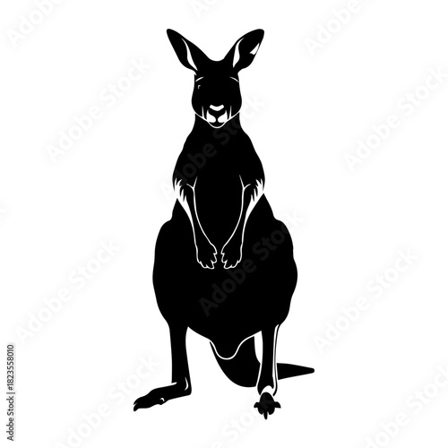 Dynamic black and white vector silhouette of an upright kangaroo in a striking pose