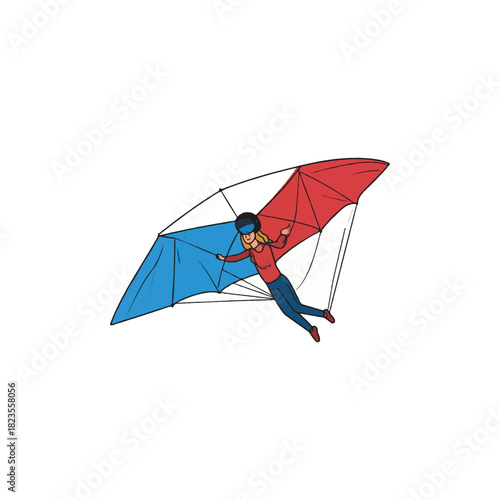 Whimsical illustration of a female parasailer gliding through the sky with vibrant canopy and helmet