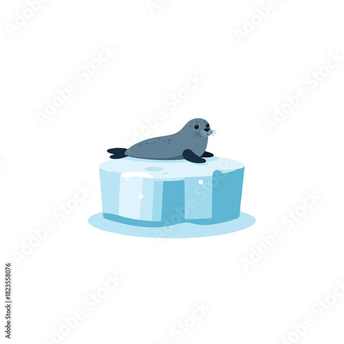 Whimsical illustration of a serene seal lounging comfortably atop a pristine block of ice in a