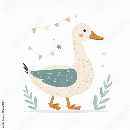 cartoon duck, minimalist flat hand-drawn lines, muted pastel colors, kids illustration style, white background