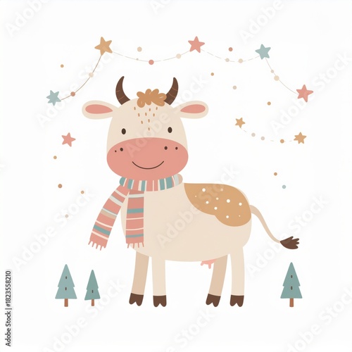 Cute Christmas card featuring a cartoon reindeer in a winter holiday scene