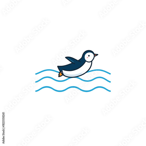 Whimsical penguin illustration amidst gentle waves, representing simple cheerful aquatic