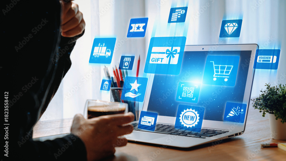 Fototapeta premium Digital gift card icons show e-commerce, payment, and digital gift card redemption. Digital gift card supports online shopping, secure payment, and customer loyalty programs. Gist
