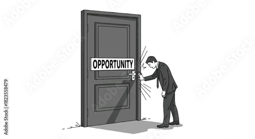 Businessman Knocking Opportunity Door Grayscale Illustration