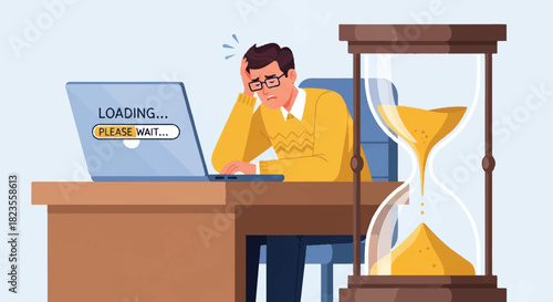 Frustrated Man Waiting Slow Loading Progress Hourglass
