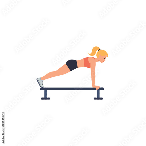 Woman doing incline push-ups on gymnastic bars for strength and physique development at health