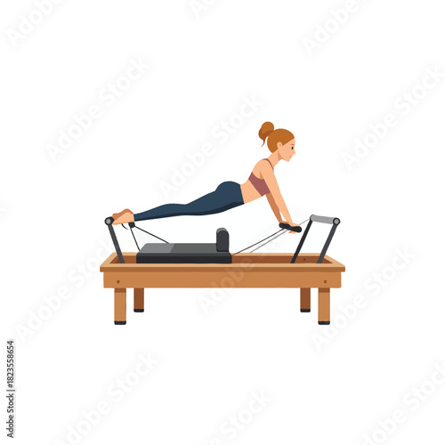 Woman executing pilates exercise on reformer apparatus promoting fitness wellbeing and core