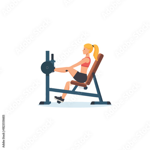 Woman exercising leg press machine at fitness studio for muscle strength and endurance workout